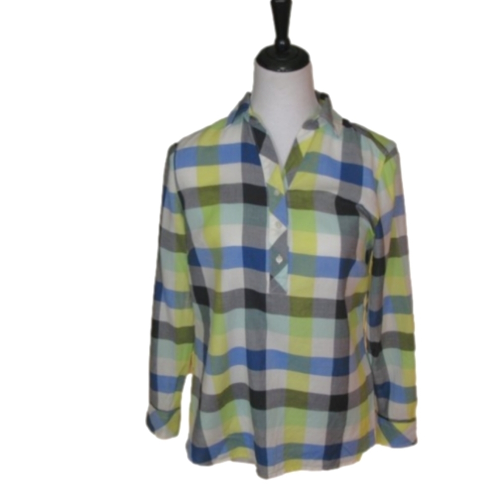 Talbot's Yellow/Blue Plaid Partial Button Front B… - image 1